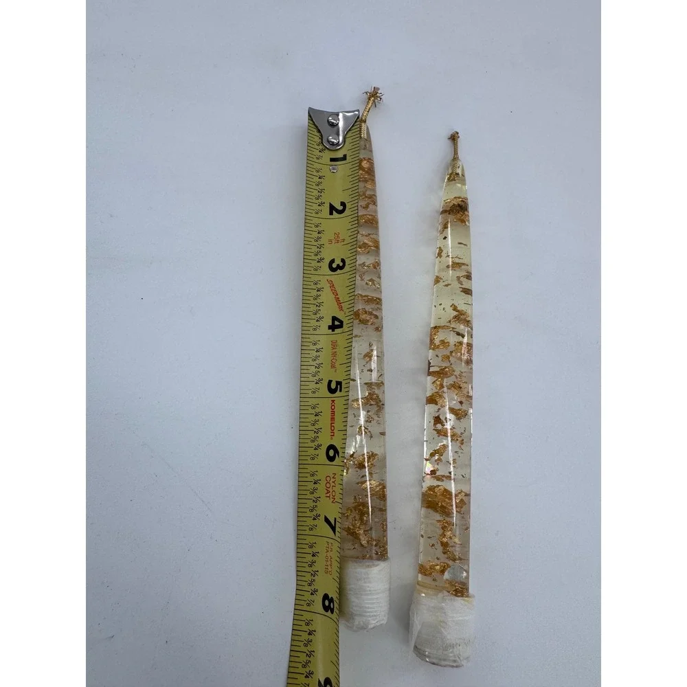 Lucite Taper‎ Candles 8in Clear Gold Leaf Flake Acrylic Set of 2 MCM